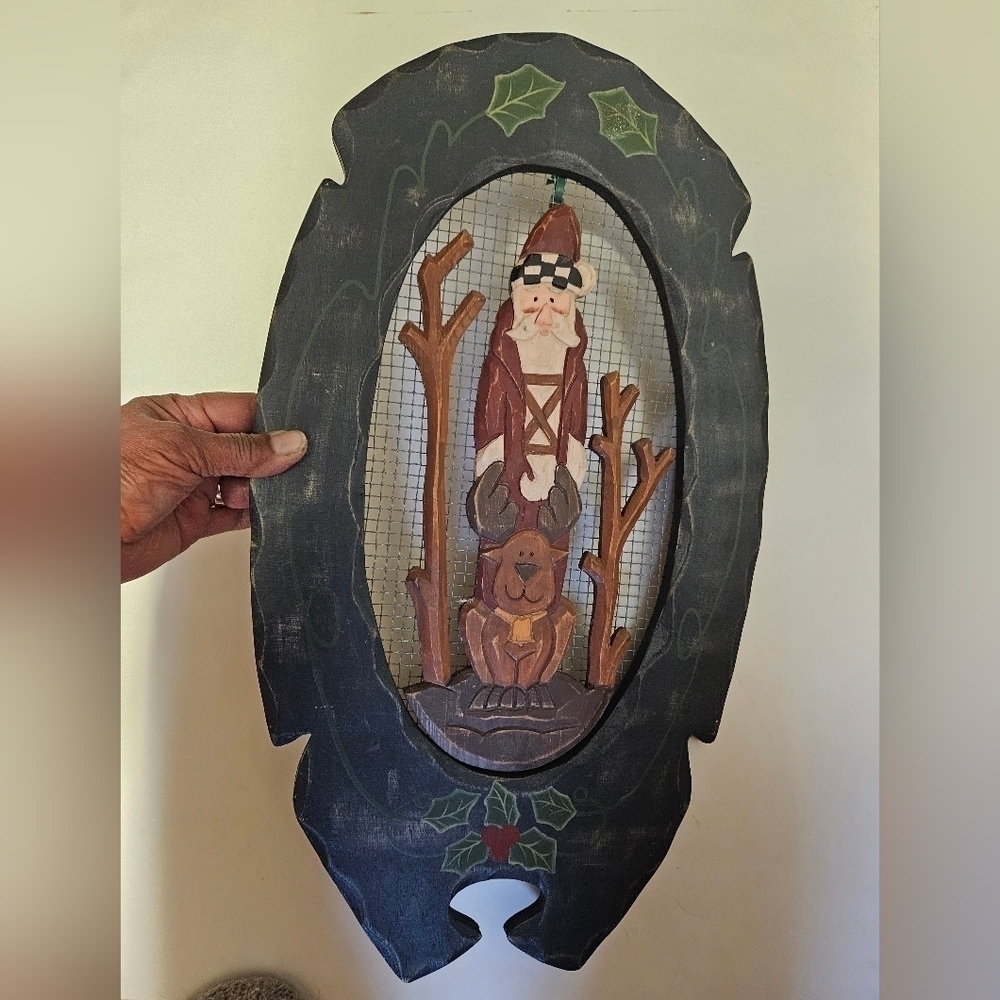 Vintage 90s Handmade Wooden St Nick Wall Decor